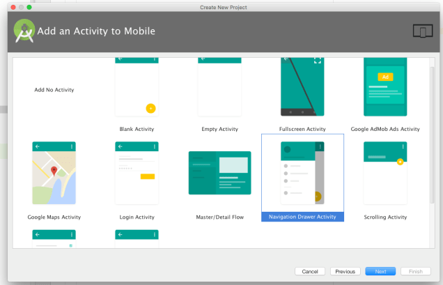 create new android project with navigation view in android